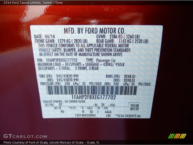 Sunset / Dune 2014 Ford Taurus Limited