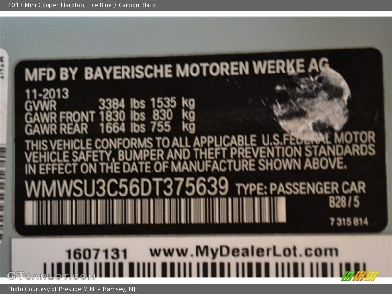 Ice Blue / Carbon Black 2013 Mini Cooper Hardtop