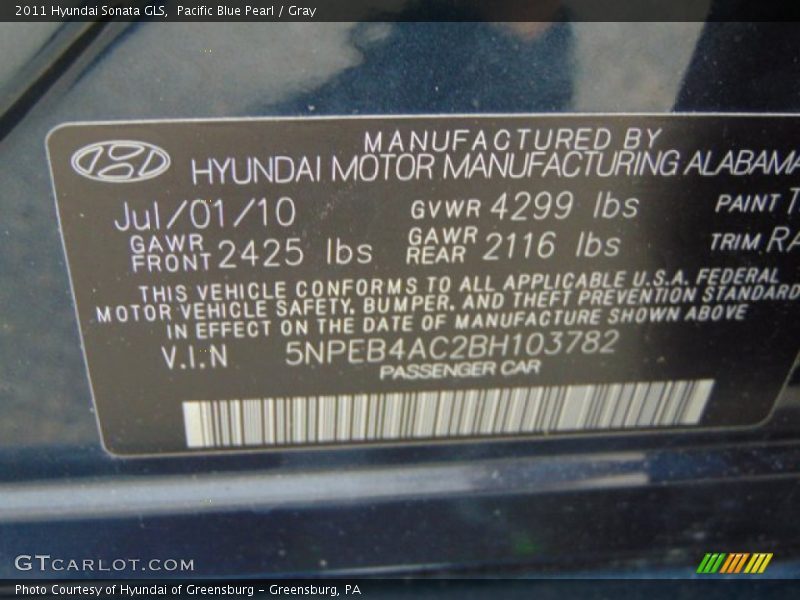 Pacific Blue Pearl / Gray 2011 Hyundai Sonata GLS