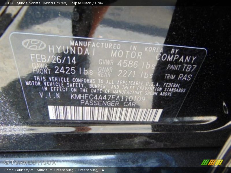 Eclipse Black / Gray 2014 Hyundai Sonata Hybrid Limited