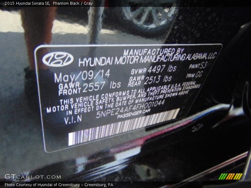 2015 Sonata SE Phantom Black Color Code S3