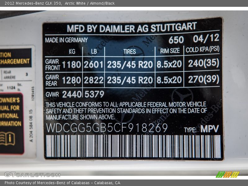 2012 GLK 350 Arctic White Color Code 650