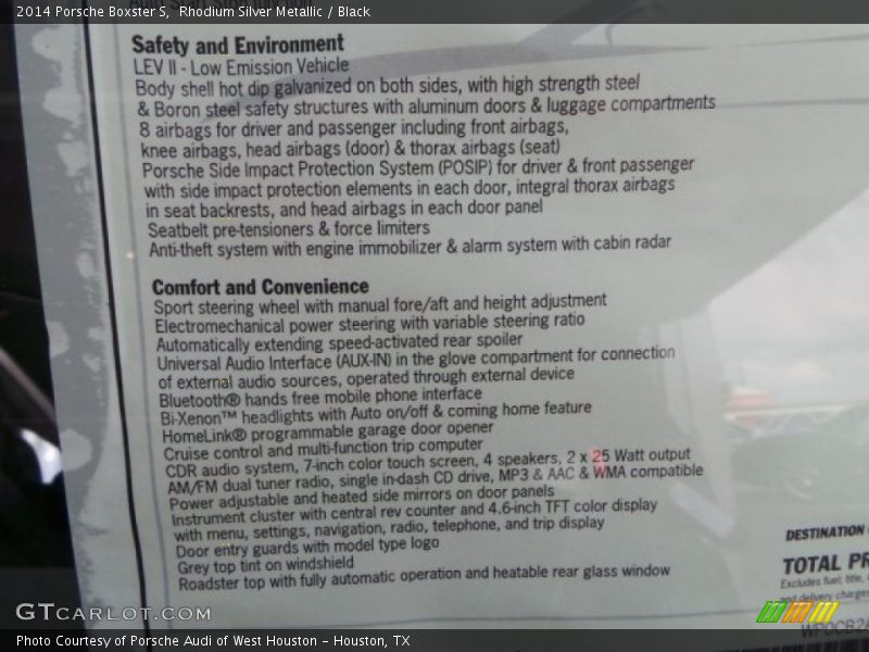  2014 Boxster S Window Sticker