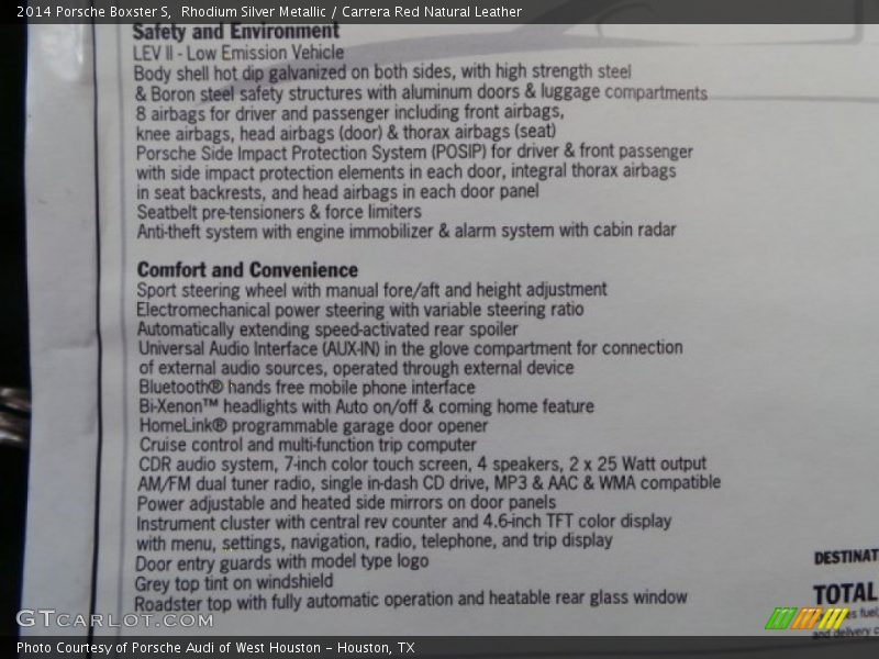  2014 Boxster S Window Sticker