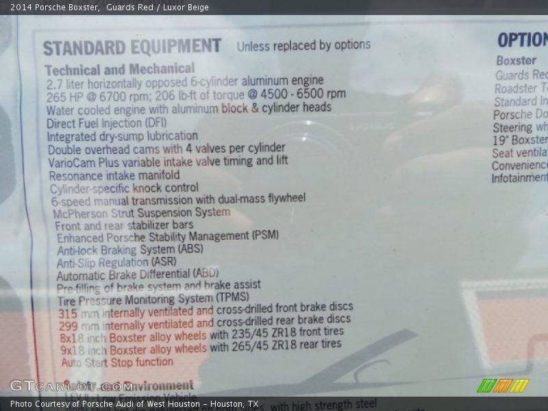  2014 Boxster  Window Sticker