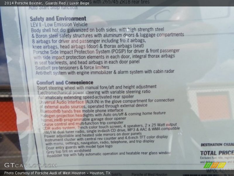  2014 Boxster  Window Sticker