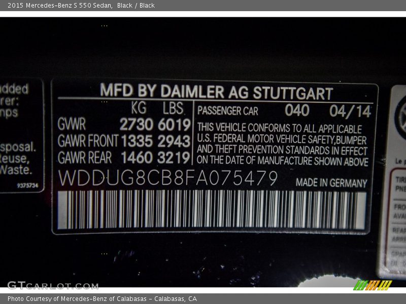 Black / Black 2015 Mercedes-Benz S 550 Sedan
