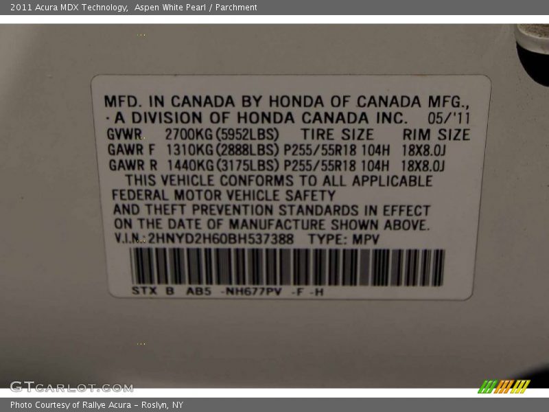 Aspen White Pearl / Parchment 2011 Acura MDX Technology