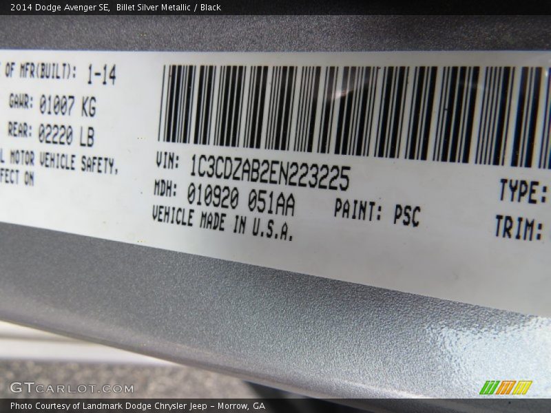 Billet Silver Metallic / Black 2014 Dodge Avenger SE
