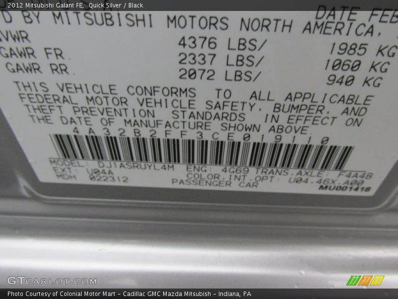 Quick Silver / Black 2012 Mitsubishi Galant FE