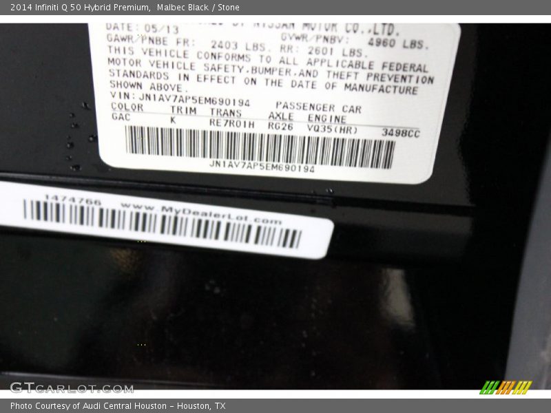 Malbec Black / Stone 2014 Infiniti Q 50 Hybrid Premium