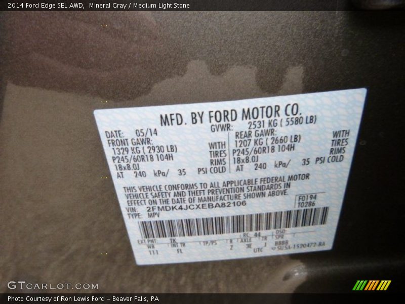 Mineral Gray / Medium Light Stone 2014 Ford Edge SEL AWD