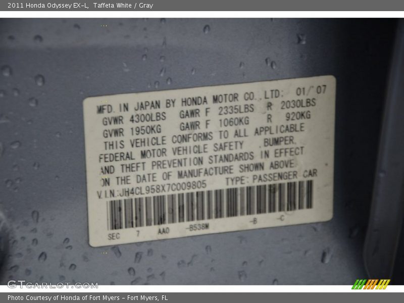 Taffeta White / Gray 2011 Honda Odyssey EX-L