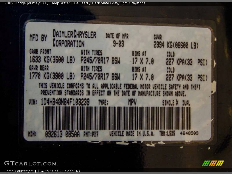 Deep Water Blue Pearl / Dark Slate Gray/Light Graystone 2009 Dodge Journey SXT