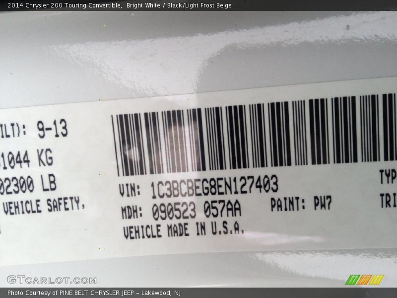 2014 200 Touring Convertible Bright White Color Code PW7