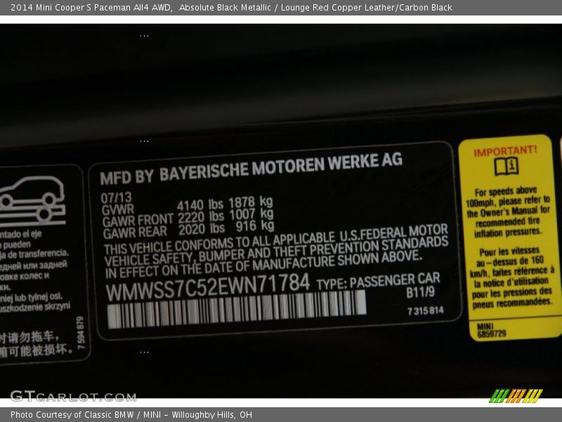 2014 Cooper S Paceman All4 AWD Absolute Black Metallic Color Code B11