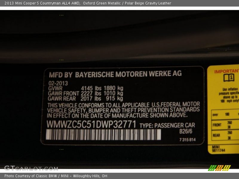 Oxford Green Metallic / Polar Beige Gravity Leather 2013 Mini Cooper S Countryman ALL4 AWD