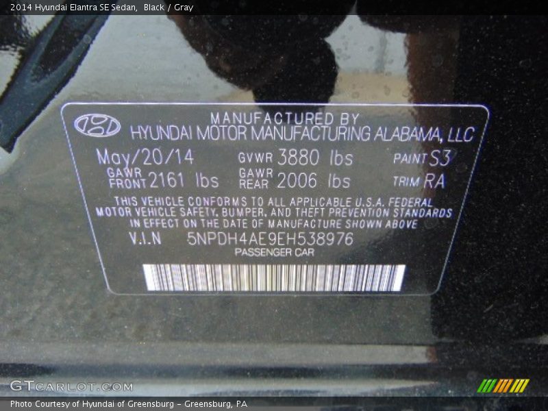 Black / Gray 2014 Hyundai Elantra SE Sedan