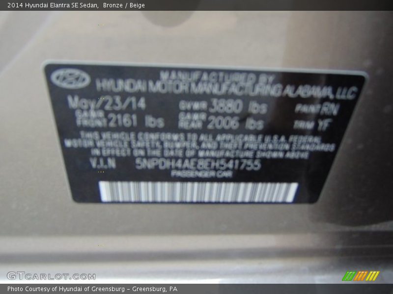 Bronze / Beige 2014 Hyundai Elantra SE Sedan