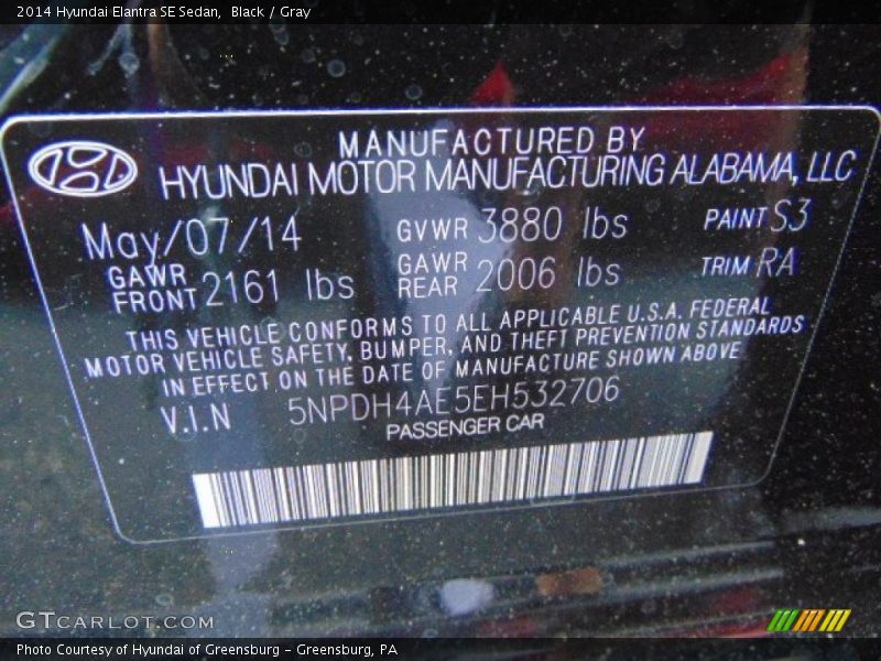 Black / Gray 2014 Hyundai Elantra SE Sedan