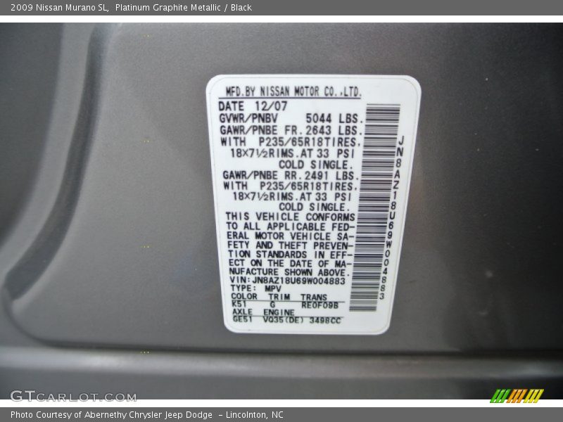 Platinum Graphite Metallic / Black 2009 Nissan Murano SL