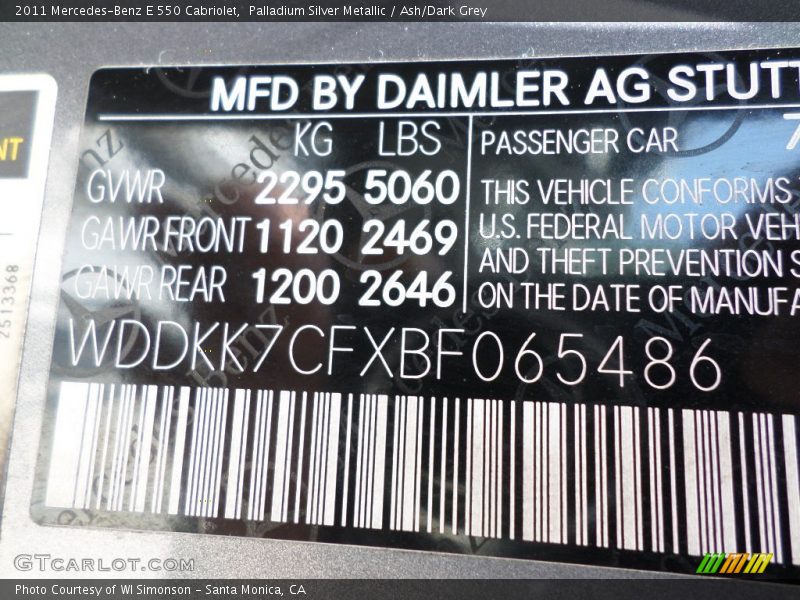 Palladium Silver Metallic / Ash/Dark Grey 2011 Mercedes-Benz E 550 Cabriolet
