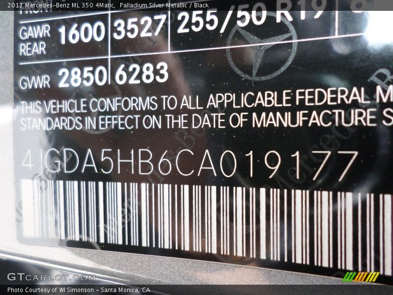 Palladium Silver Metallic / Black 2012 Mercedes-Benz ML 350 4Matic