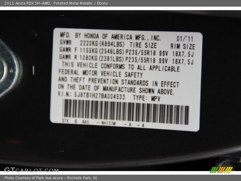 2011 RDX SH-AWD Polished Metal Metallic Color Code NH737M