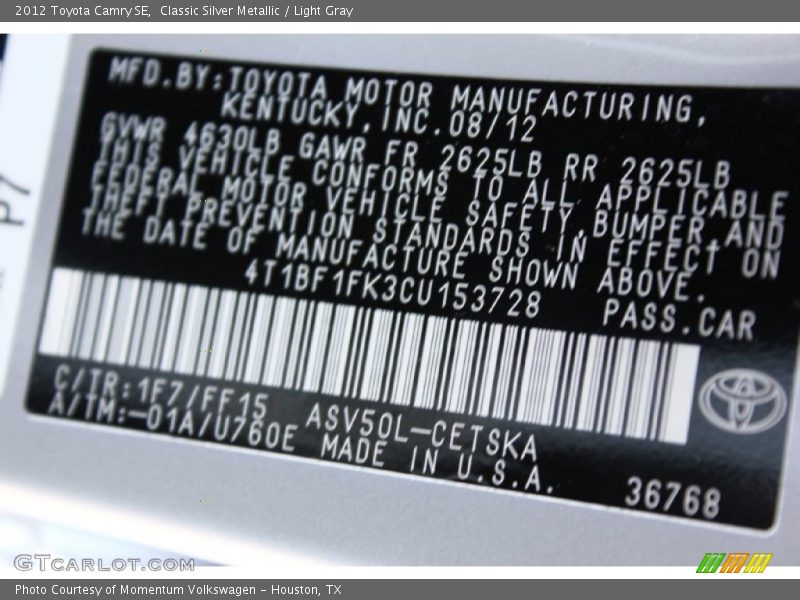 Classic Silver Metallic / Light Gray 2012 Toyota Camry SE