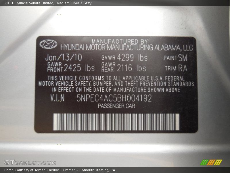 Radiant Silver / Gray 2011 Hyundai Sonata Limited