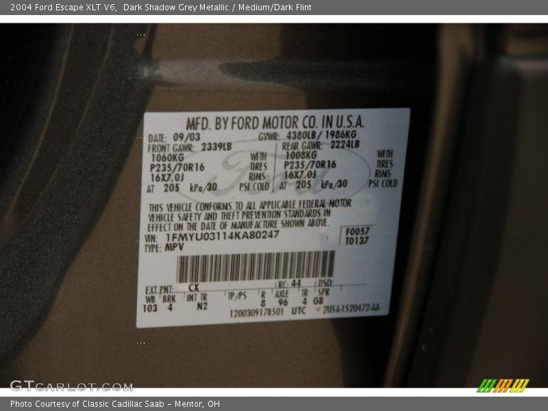 2004 Escape XLT V6 Dark Shadow Grey Metallic Color Code CX