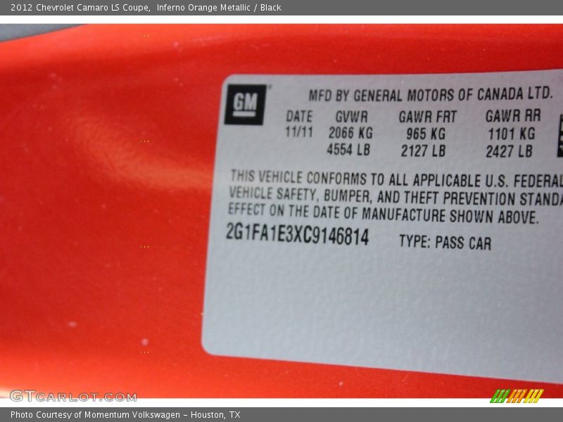 Inferno Orange Metallic / Black 2012 Chevrolet Camaro LS Coupe