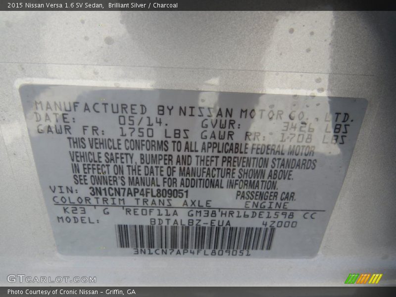 Brilliant Silver / Charcoal 2015 Nissan Versa 1.6 SV Sedan