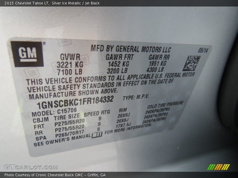 Silver Ice Metallic / Jet Black 2015 Chevrolet Tahoe LT