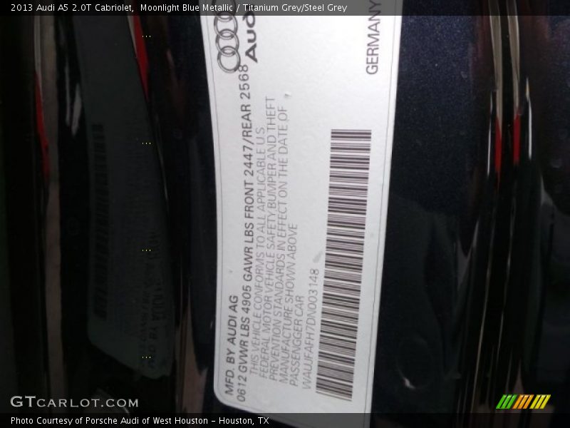 Moonlight Blue Metallic / Titanium Grey/Steel Grey 2013 Audi A5 2.0T Cabriolet