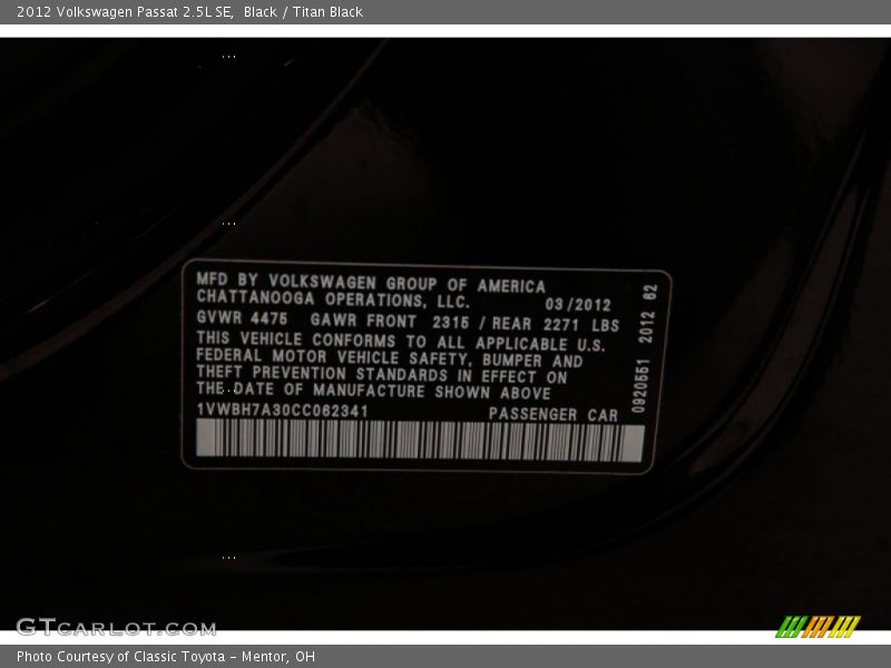 Black / Titan Black 2012 Volkswagen Passat 2.5L SE