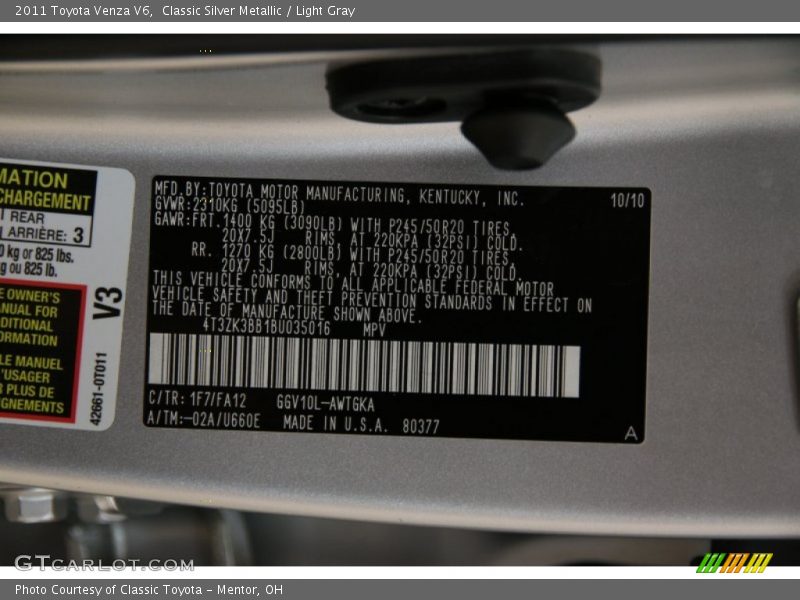 Classic Silver Metallic / Light Gray 2011 Toyota Venza V6