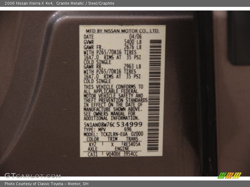 2006 Xterra X 4x4 Granite Metallic Color Code KY2