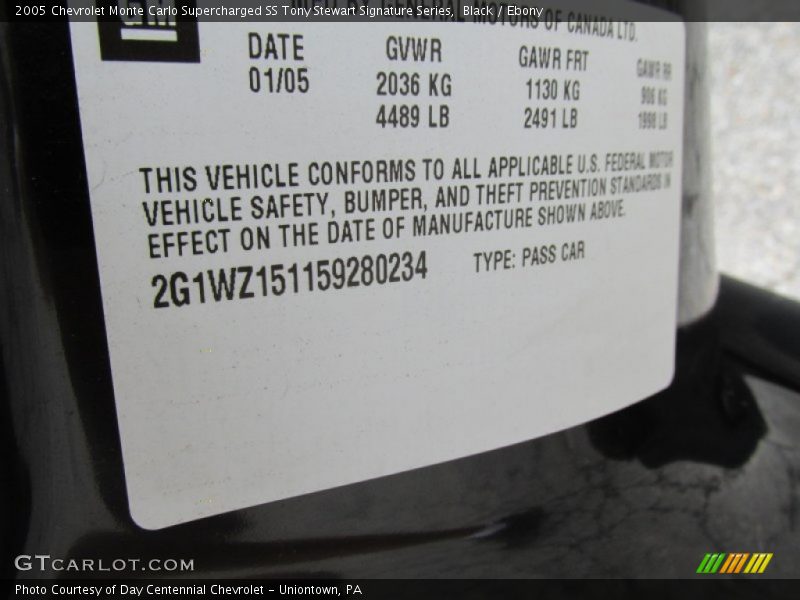 Info Tag of 2005 Monte Carlo Supercharged SS Tony Stewart Signature Series