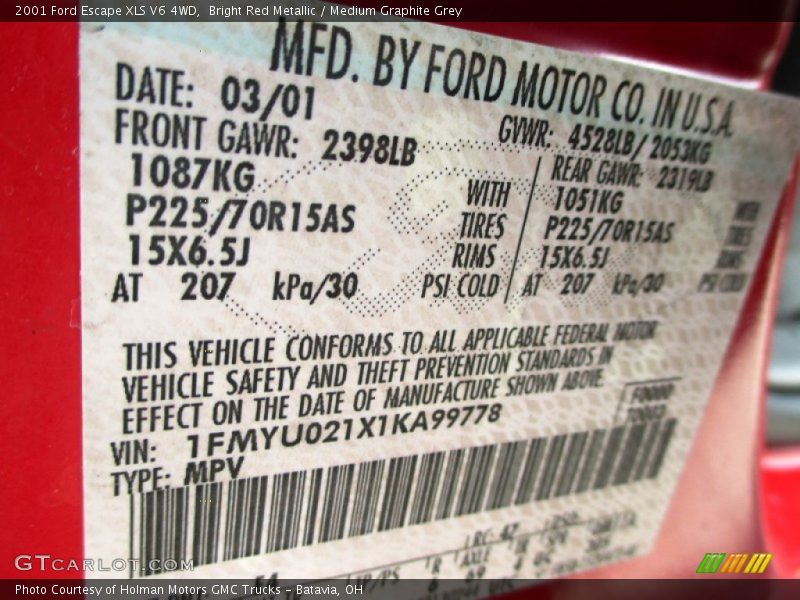 Bright Red Metallic / Medium Graphite Grey 2001 Ford Escape XLS V6 4WD