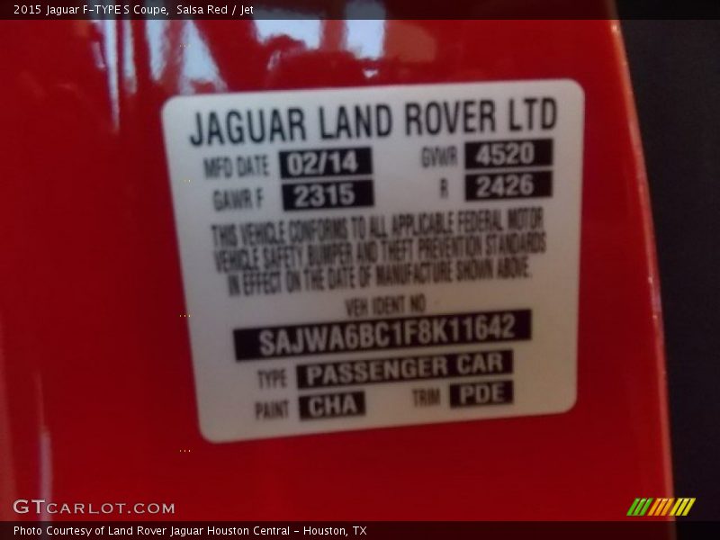 2015 F-TYPE S Coupe Salsa Red Color Code CHA