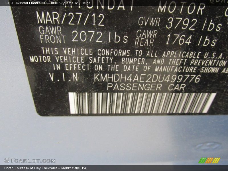 Blue Sky Metallic / Beige 2013 Hyundai Elantra GLS