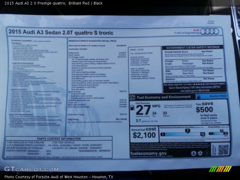 2015 A3 2.0 Prestige quattro Window Sticker