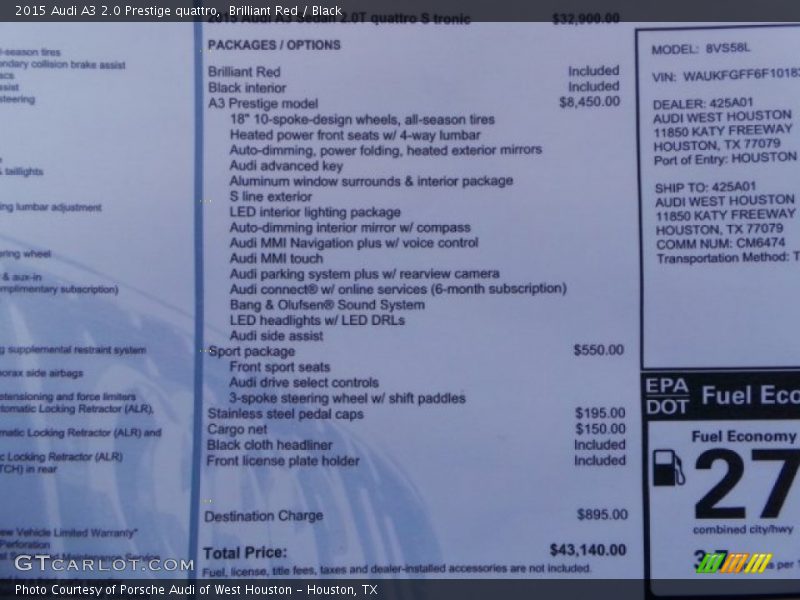  2015 A3 2.0 Prestige quattro Window Sticker
