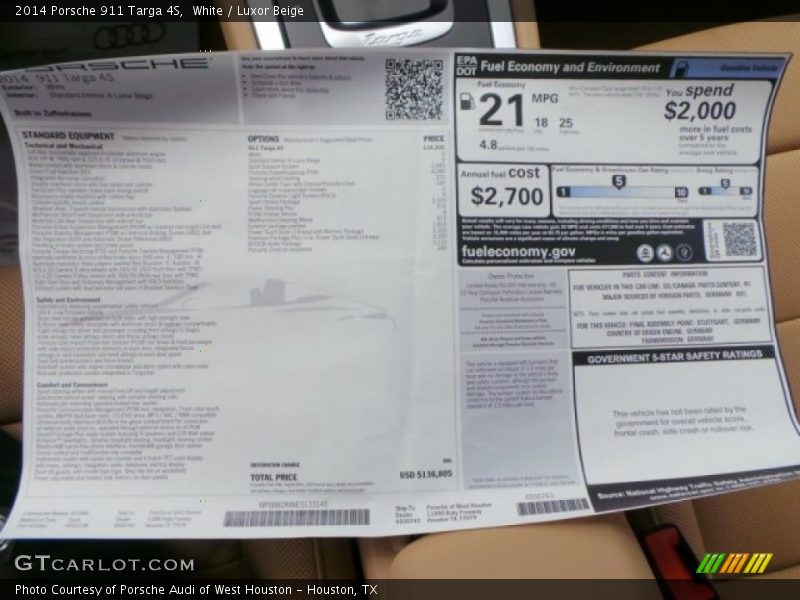  2014 911 Targa 4S Window Sticker