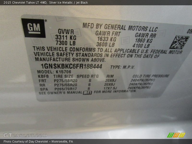 Silver Ice Metallic / Jet Black 2015 Chevrolet Tahoe LT 4WD