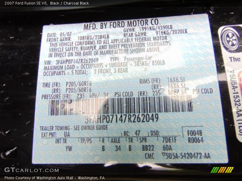 Black / Charcoal Black 2007 Ford Fusion SE V6