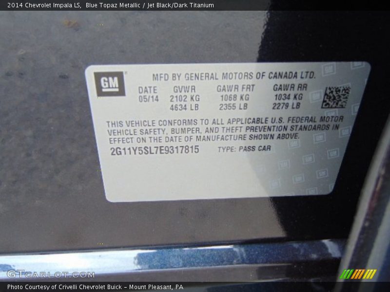Blue Topaz Metallic / Jet Black/Dark Titanium 2014 Chevrolet Impala LS