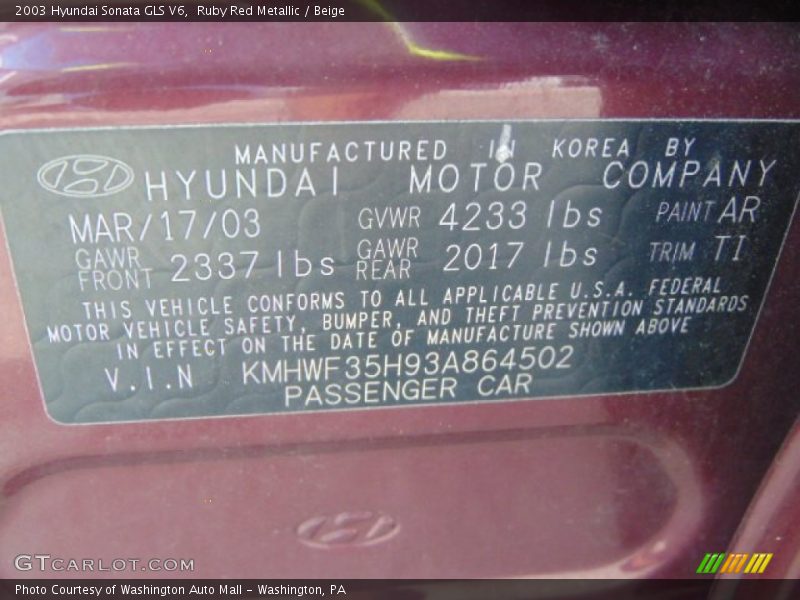Ruby Red Metallic / Beige 2003 Hyundai Sonata GLS V6