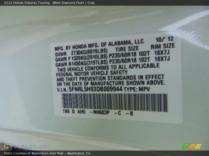 White Diamond Pearl / Gray 2013 Honda Odyssey Touring